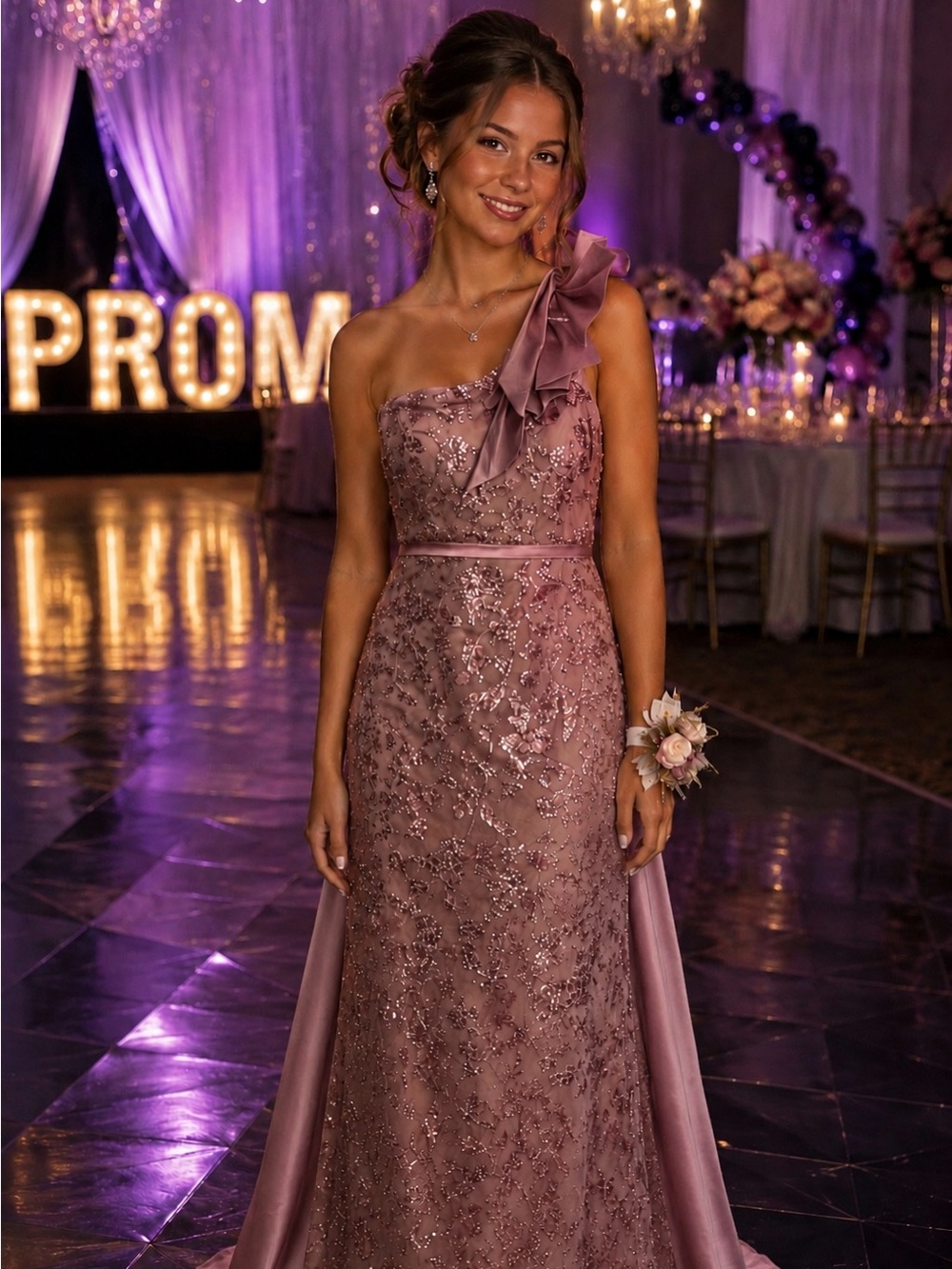 Mauve Sequin Embellished Evening Gown
